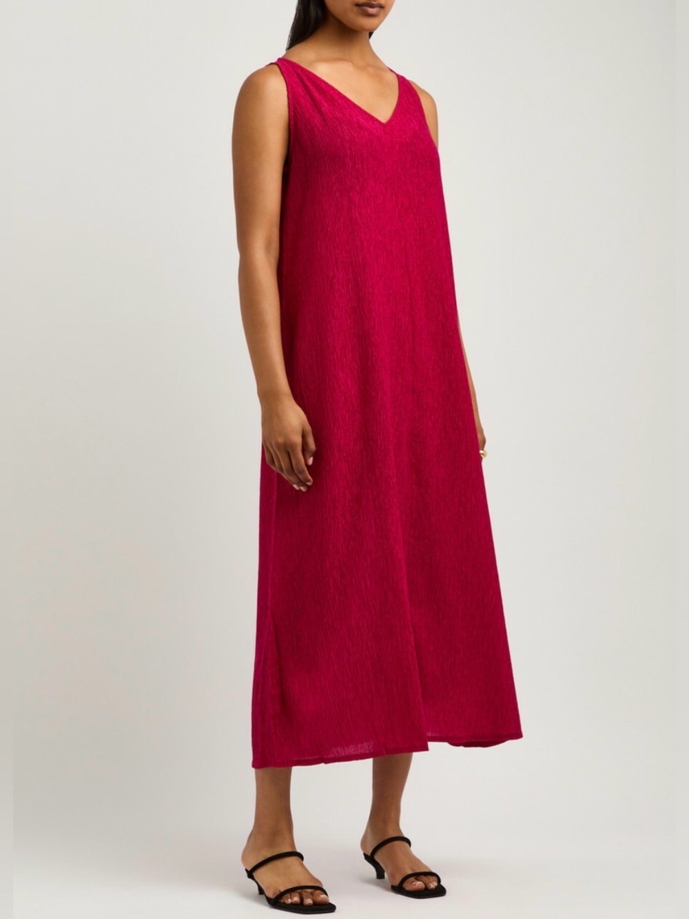 Eileen Fisher cherry Red Sleeveless Crinkle plisse v neck Maxi Dress L